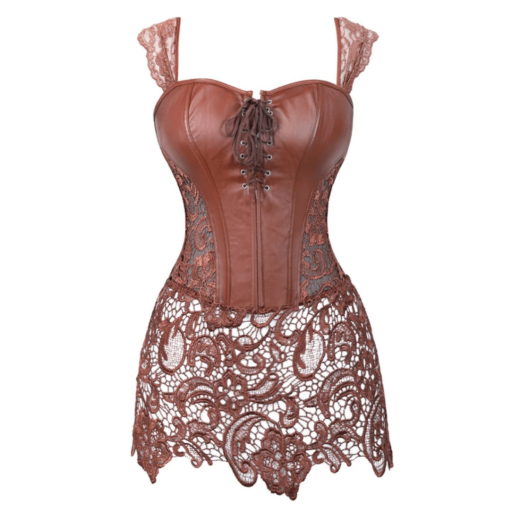 Floral Lace Leather Corset With Skirt, Steampunk Goth Overbust Corset