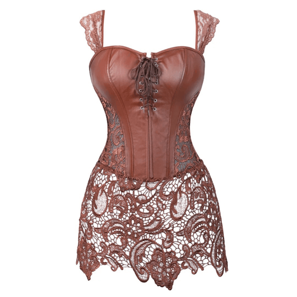 Floral Lace Leather Corset With Skirt, Steampunk Goth Overbust Corset