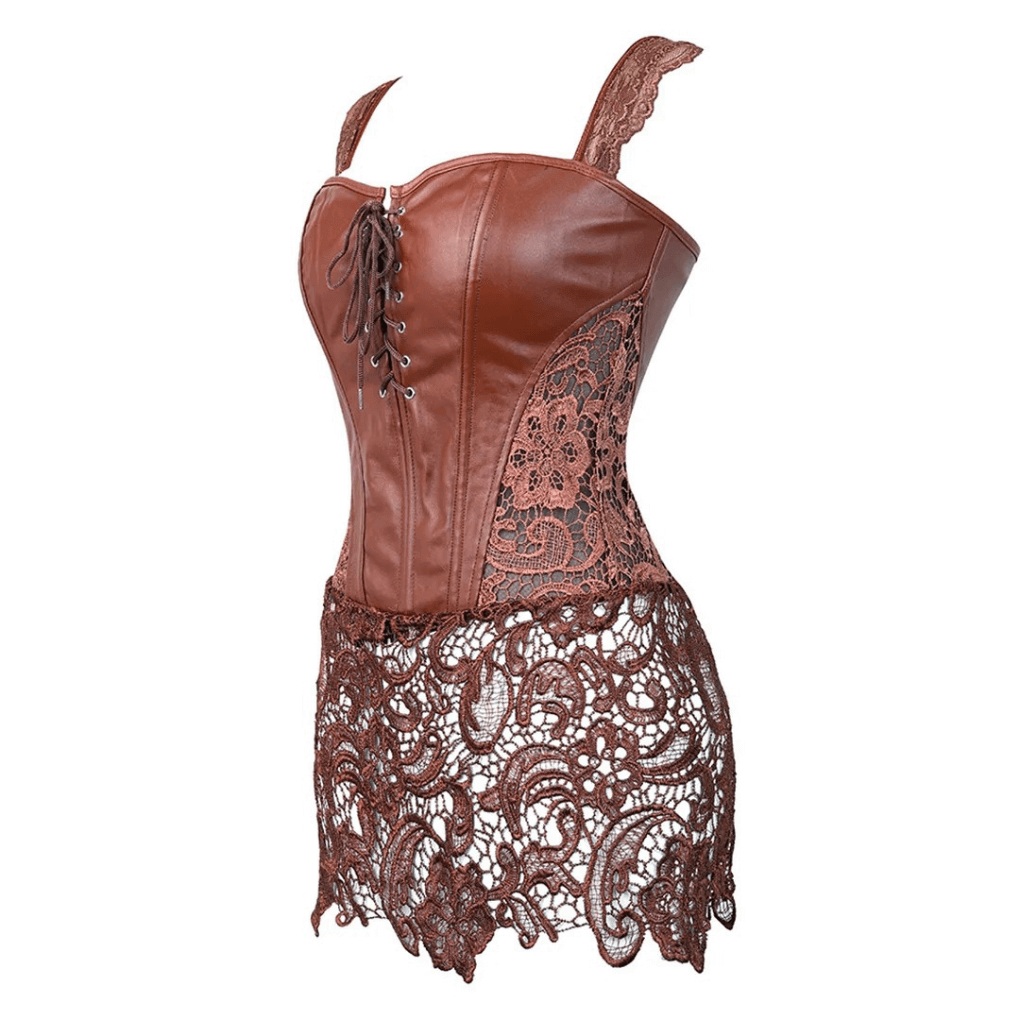 Floral Lace Leather Corset With Skirt, Steampunk Goth Overbust Corset