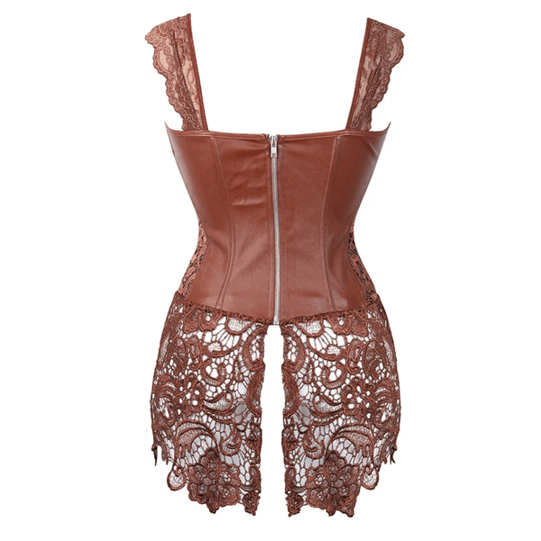 Floral Lace Leather Corset With Skirt, Steampunk Goth Overbust Corset