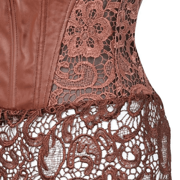Floral Lace Leather Corset With Skirt, Steampunk Goth Overbust Corset
