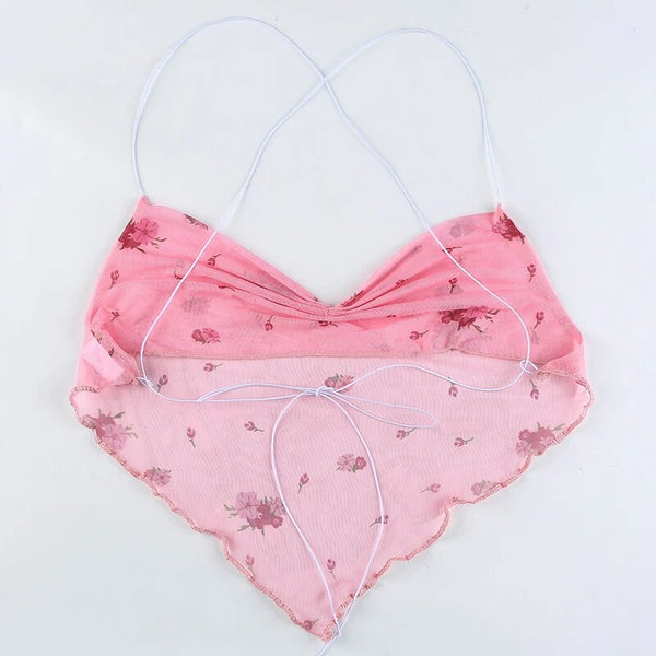 Fairy Floral Crop Top, Casual Y2k Womens Top, Elegant Backless Halter Top,