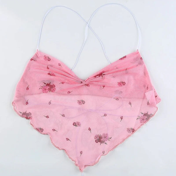 Fairy Floral Crop Top, Casual Y2k Womens Top, Elegant Backless Halter Top,