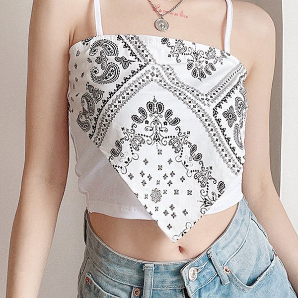 Y2k Tank Crop Top, Unique Overbust Womens Top, Retro Elegant Casual Printed Top