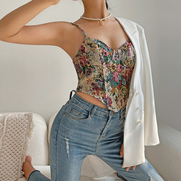 Floral Bustier Crop Top, Milkmaid Overbust Corset