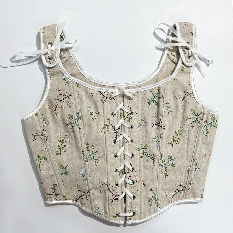 Milkmaid Medieval Lace Up Corset Top, Foral Print Push Up Corset Top