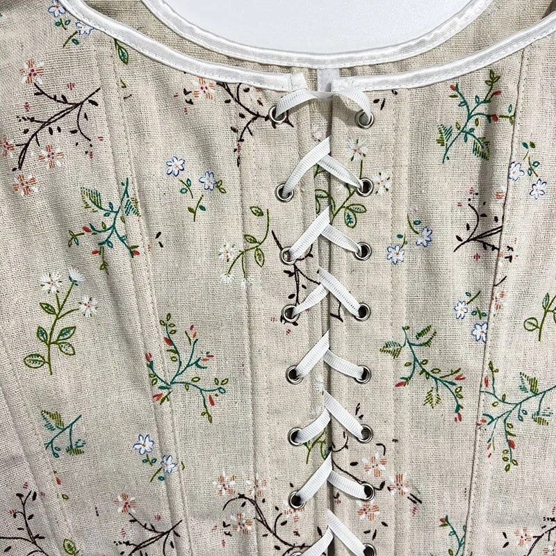 Milkmaid Medieval Lace Up Corset Top, Foral Print Push Up Corset Top