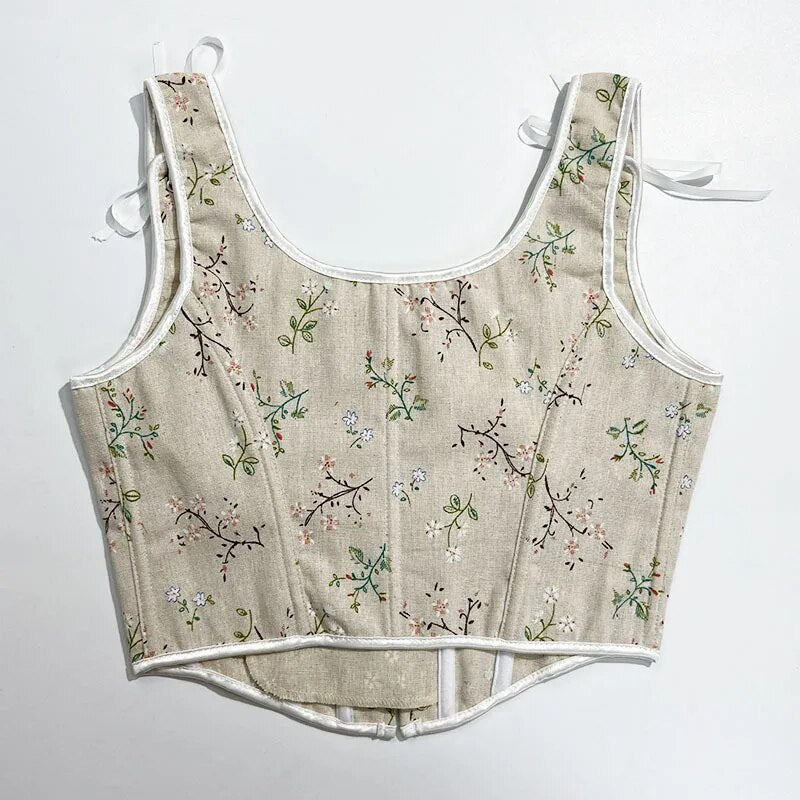 Milkmaid Medieval Lace Up Corset Top, Foral Print Push Up Corset Top