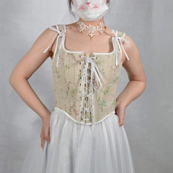 Milkmaid Medieval Lace Up Corset Top, Foral Print Push Up Corset Top
