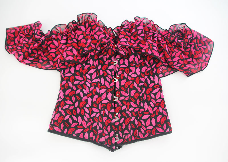 Red Lip Printed Overbust Corset, Bustier Lace up Corset