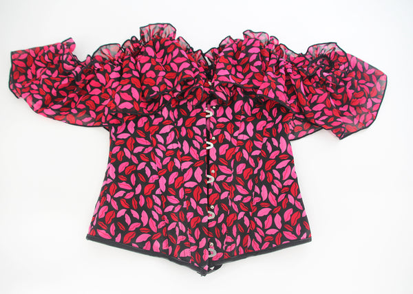 Red Lip Printed Overbust Corset, Bustier Lace up Corset