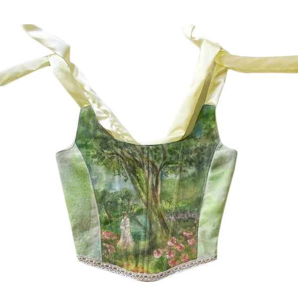 Renaissnace Overbust Corset Top, Medieval Lace up Tapestry Corset,