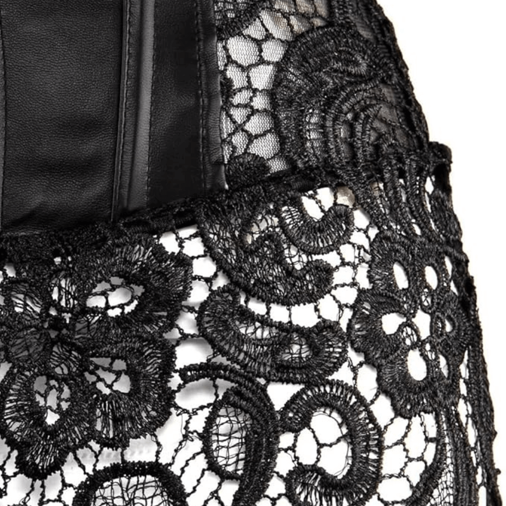 Floral Lace Leather Corset With Skirt, Steampunk Goth Overbust Corset