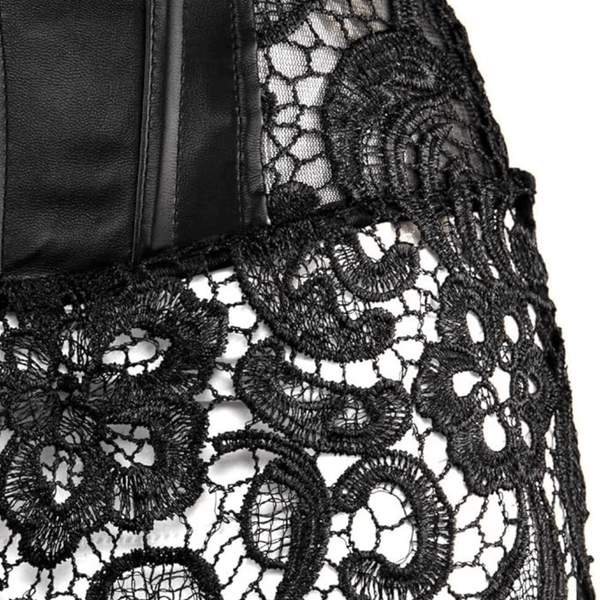 Floral Lace Leather Corset With Skirt, Steampunk Goth Overbust Corset