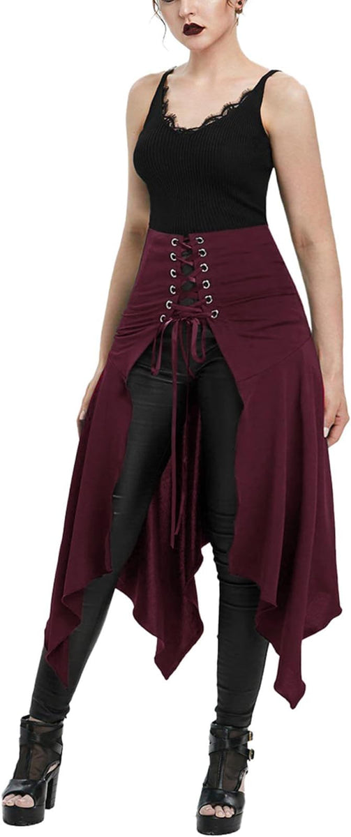Renaissance Underbust Corset Skirt – Vintage Victorian Asymmetric Corset Skirt, Medieval Goth Steampunk Corset Belt with Skirt