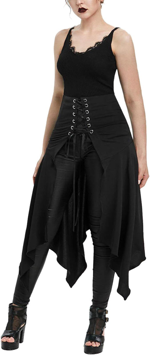 Renaissance Underbust Corset Skirt – Vintage Victorian Asymmetric Corset Skirt, Medieval Goth Steampunk Corset Belt with Skirt
