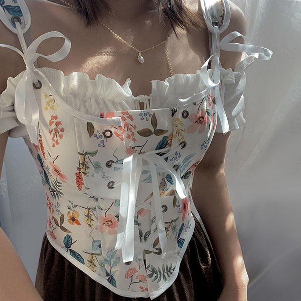 Milkmaid Bustier Crop Corset Top, Renaissance Fairy Floral Corset