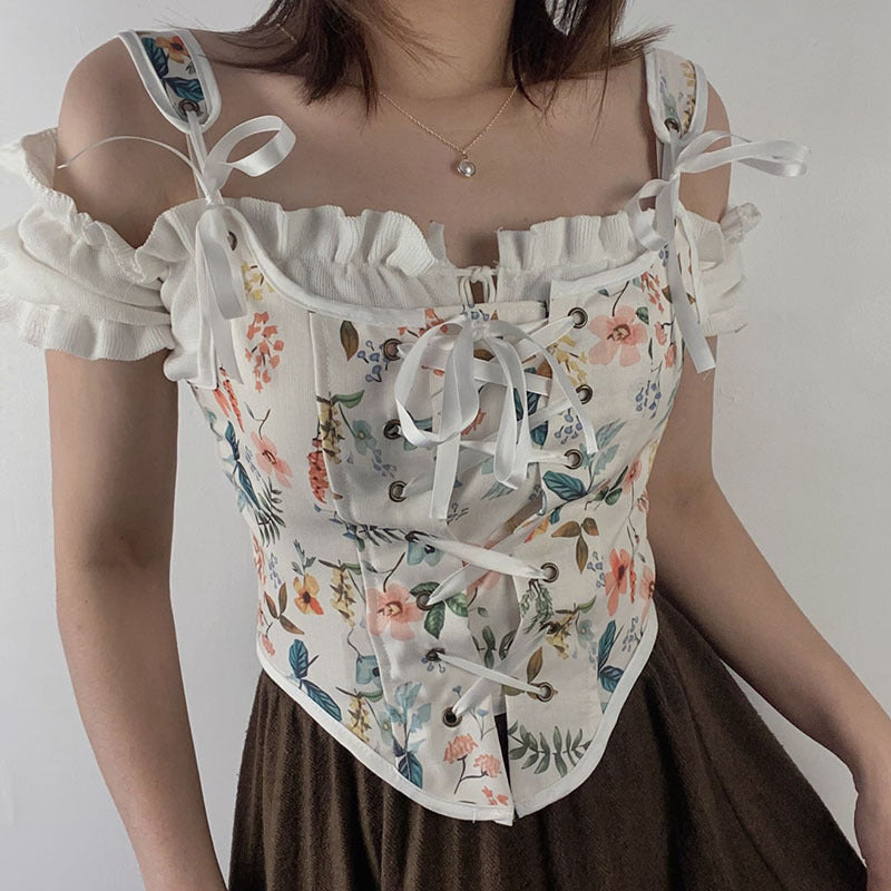 Milkmaid Bustier Crop Corset Top, Renaissance Fairy Floral Corset
