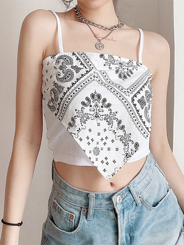 Y2k Tank Crop Top, Unique Overbust Womens Top, Retro Elegant Casual Printed Top