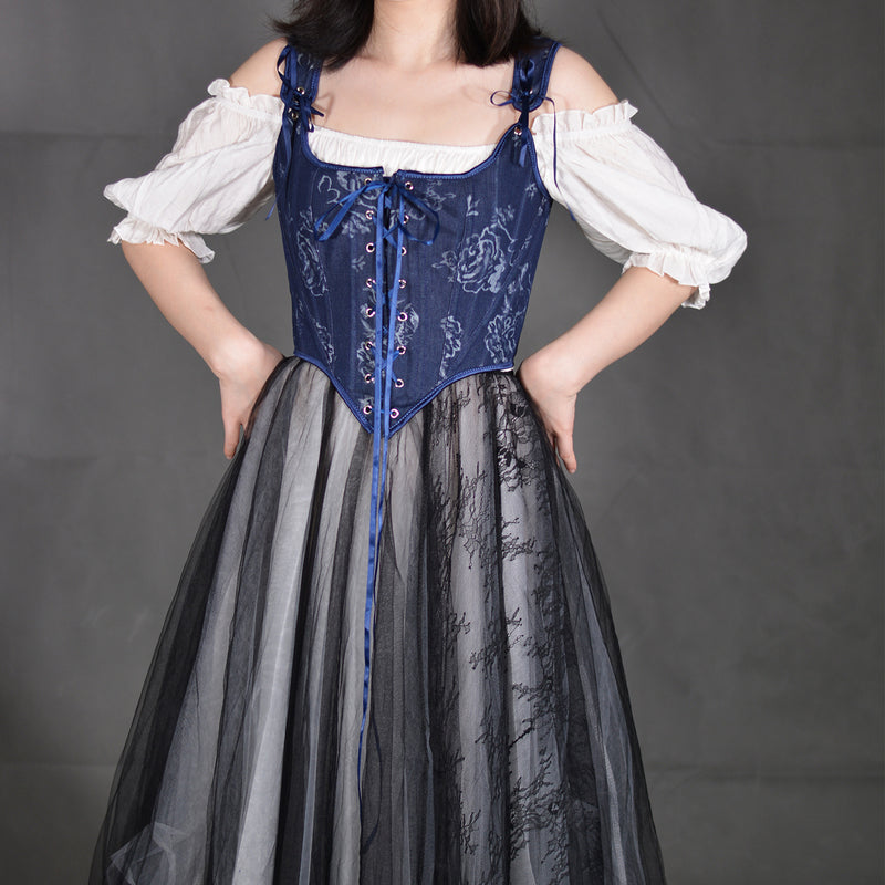 French Style Floral Renaissance Corset, Medieval Overbust Lace Up Corset