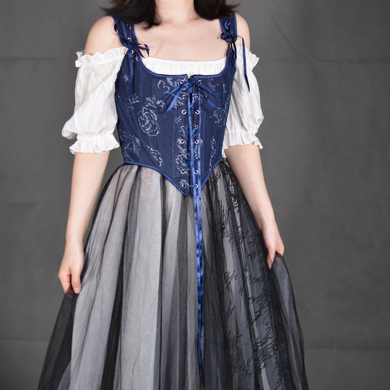 French Style Floral Renaissance Corset, Medieval Overbust Lace Up Corset