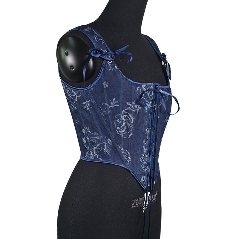 French Style Floral Renaissance Corset, Medieval Overbust Lace Up Corset