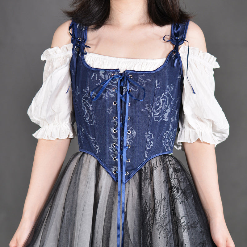 French Style Floral Renaissance Corset, Medieval Overbust Lace Up Corset