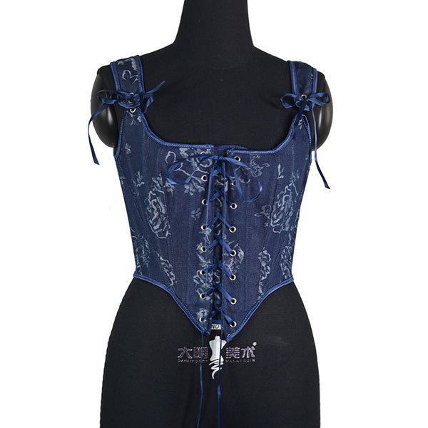 French Style Floral Renaissance Corset, Medieval Overbust Lace Up Corset