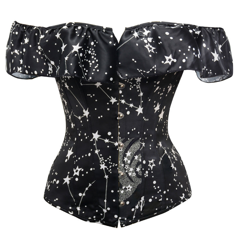 Black Overbust Stars Corset, Retro Lace up Corset Top With Ruffles
