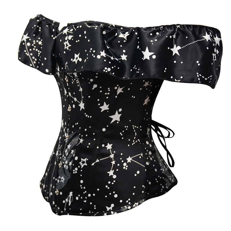 Black Overbust Stars Corset, Retro Lace up Corset Top With Ruffles