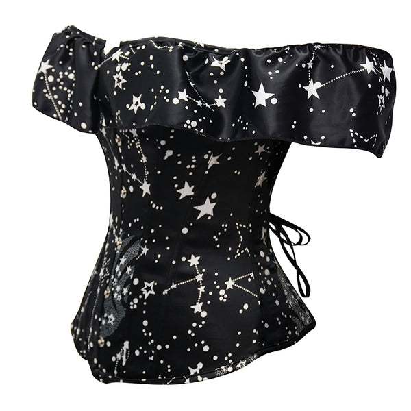 Black Overbust Stars Corset, Retro Lace up Corset Top With Ruffles