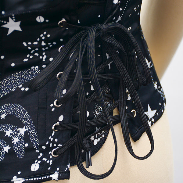 Black Overbust Stars Corset, Retro Lace up Corset Top With Ruffles
