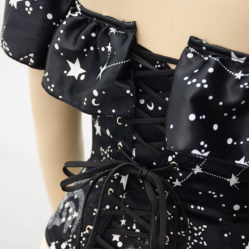 Black Overbust Stars Corset, Retro Lace up Corset Top With Ruffles