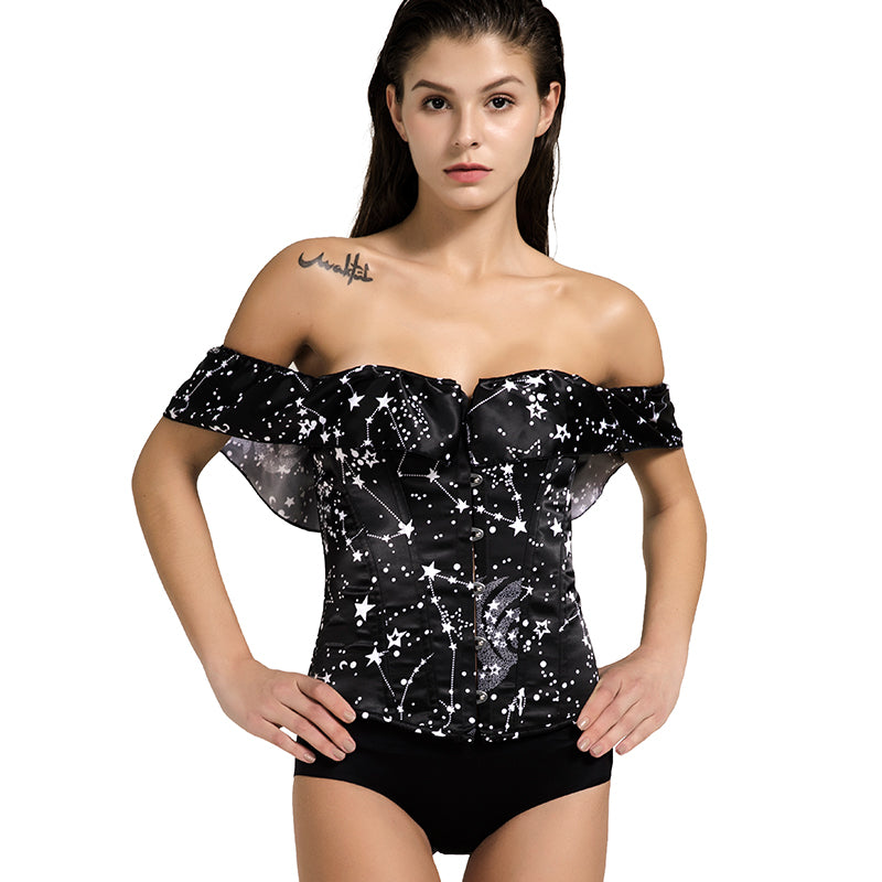 Black Overbust Stars Corset, Retro Lace up Corset Top With Ruffles