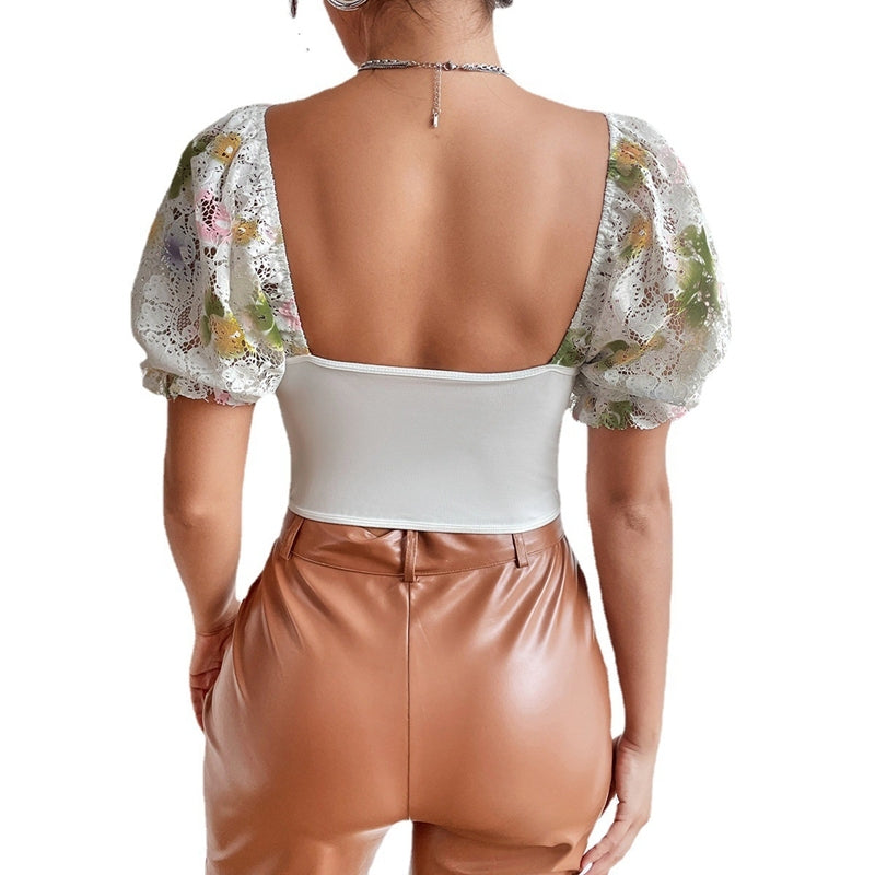 Floral Milkmaid Corset Top, Elegant Puff Sleeves Backless Corset