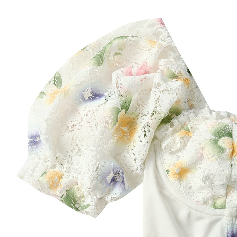 Floral Milkmaid Corset Top, Elegant Puff Sleeves Backless Corset