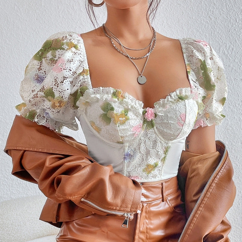 Floral Milkmaid Corset Top, Elegant Puff Sleeves Backless Corset