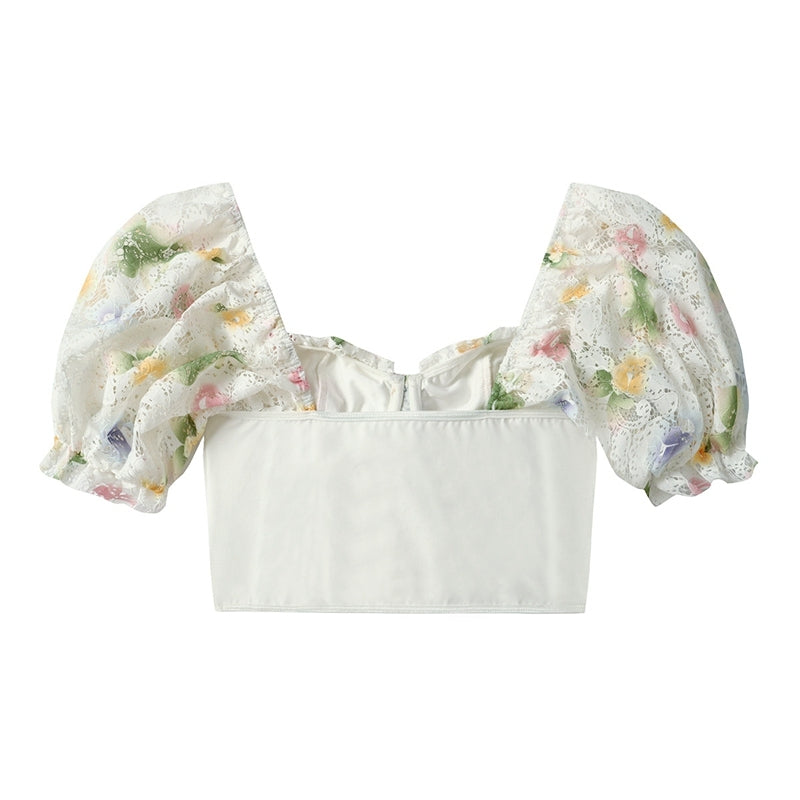 Floral Milkmaid Corset Top, Elegant Puff Sleeves Backless Corset