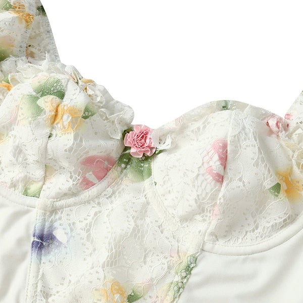 Floral Milkmaid Corset Top, Elegant Puff Sleeves Backless Corset