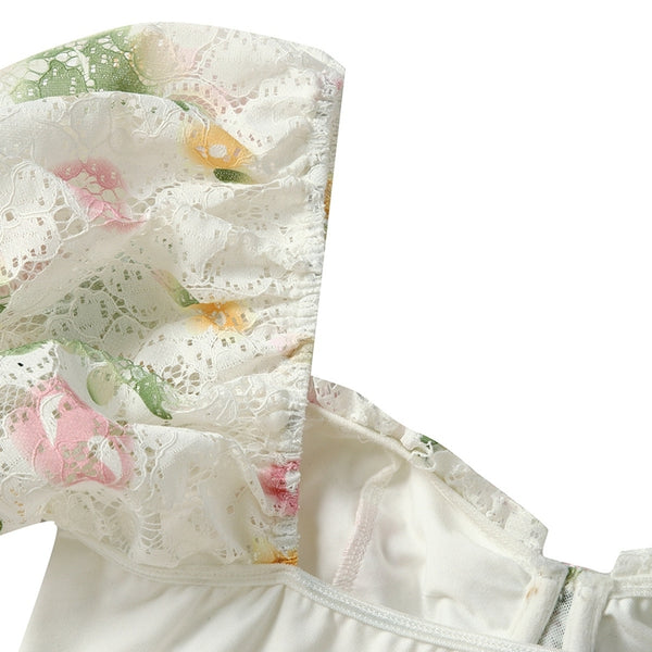 Floral Milkmaid Corset Top, Elegant Puff Sleeves Backless Corset