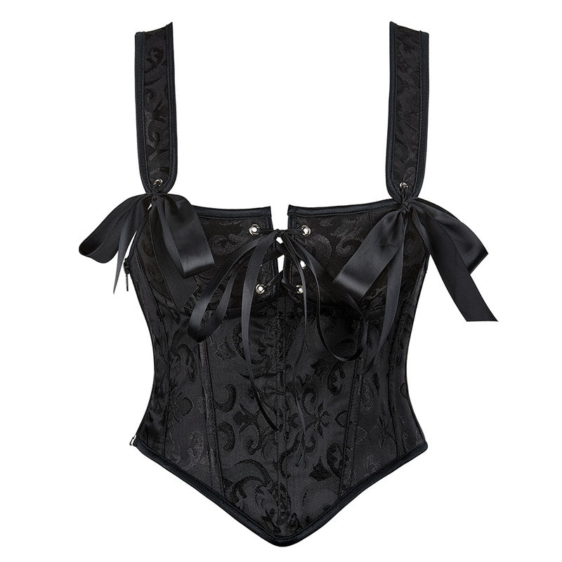 Floral Renaissance Black Corset, Medieval Overbust Crop Corset Top