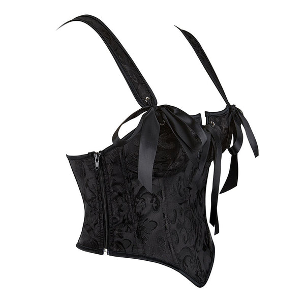 Floral Renaissance Black Corset, Medieval Overbust Crop Corset Top