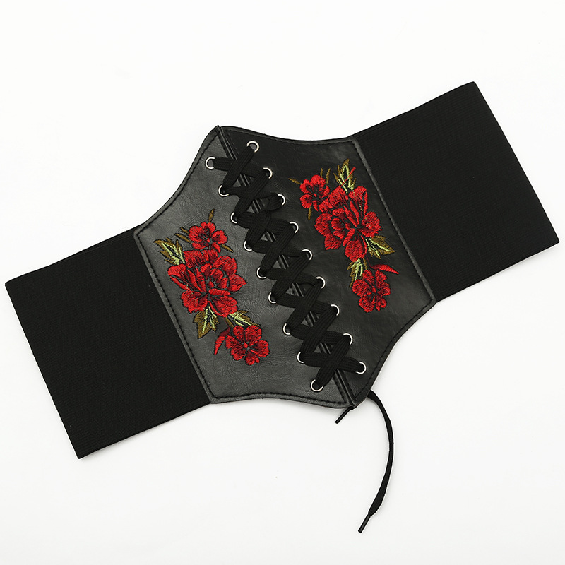Renaissance Underbust Floral Corset Belt – Wide Waist Elastic Corset Belt with Red Roses Embroidery