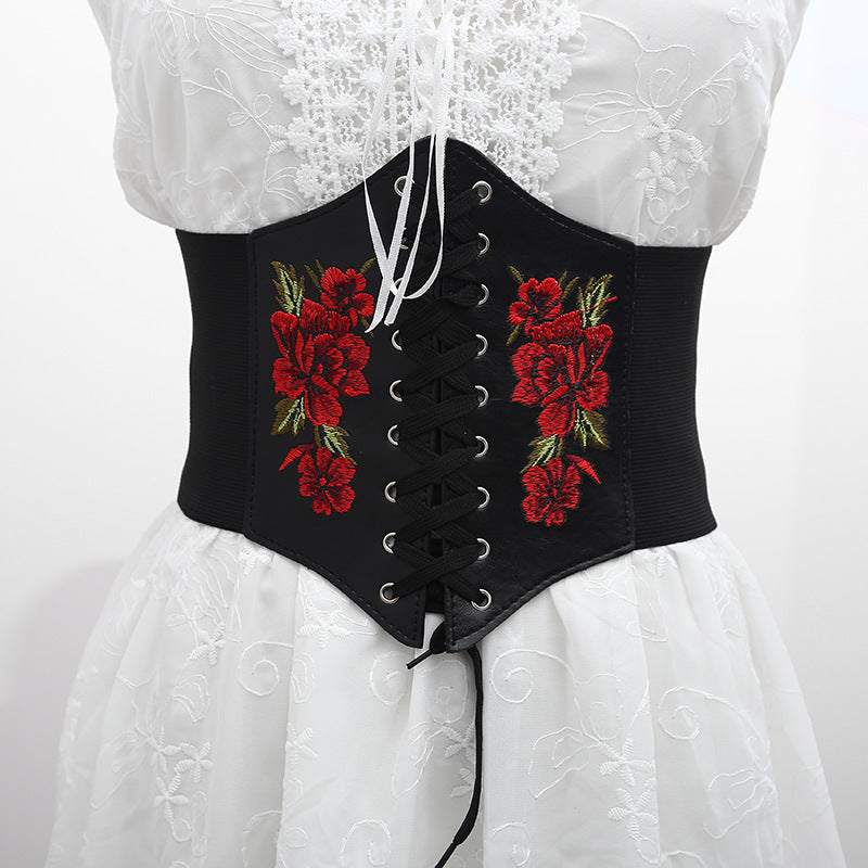 Renaissance Underbust Floral Corset Belt – Wide Waist Elastic Corset Belt with Red Roses Embroidery