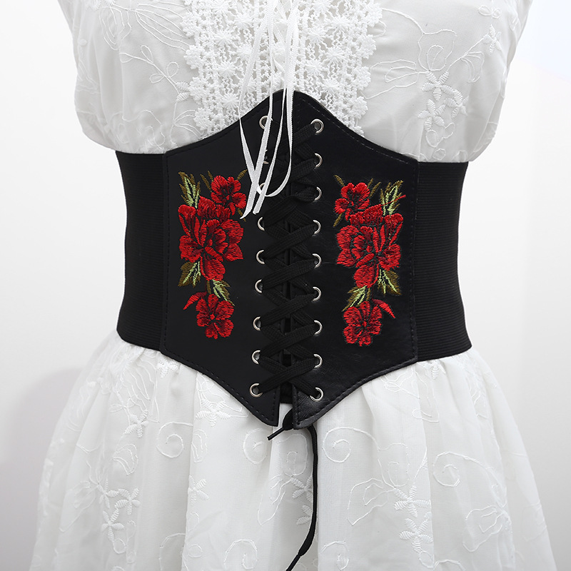 Renaissance Underbust Floral Corset Belt – Wide Waist Elastic Corset Belt with Red Roses Embroidery