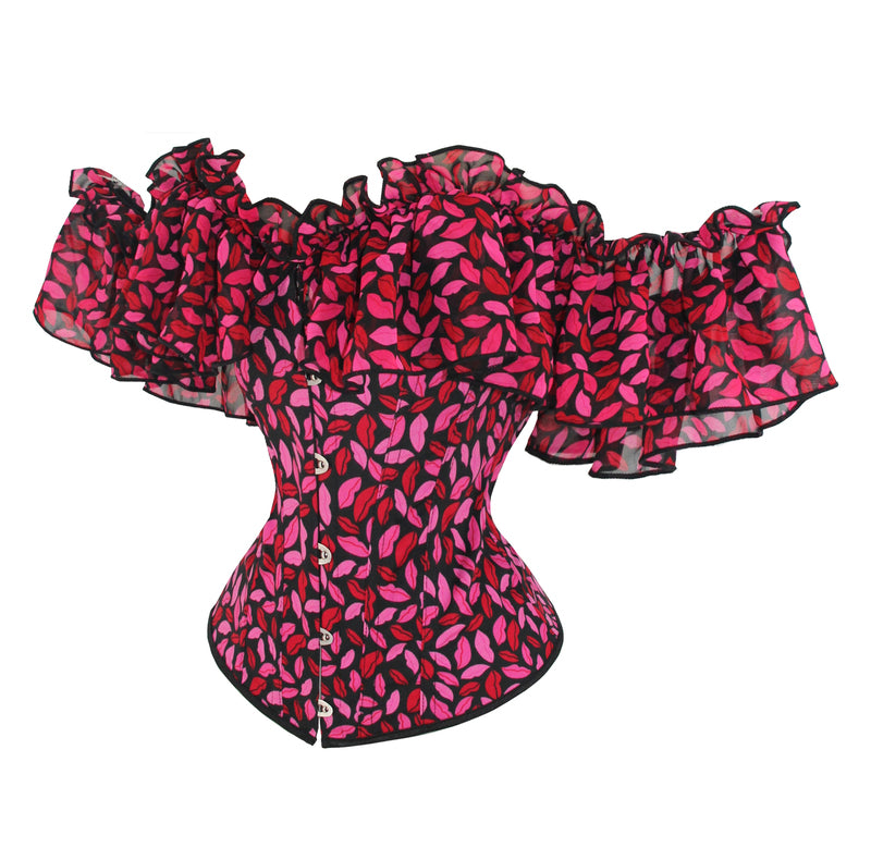 Red Lip Printed Overbust Corset, Bustier Lace up Corset