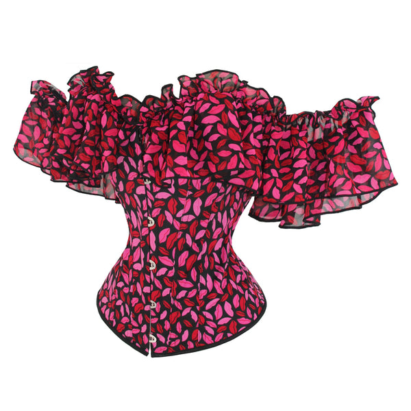 Red Lip Printed Overbust Corset, Bustier Lace up Corset