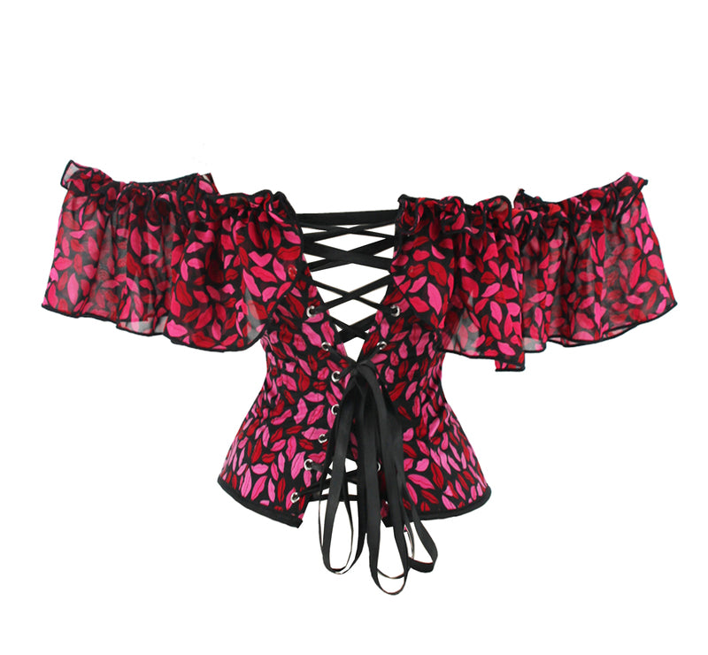 Red Lip Printed Overbust Corset, Bustier Lace up Corset
