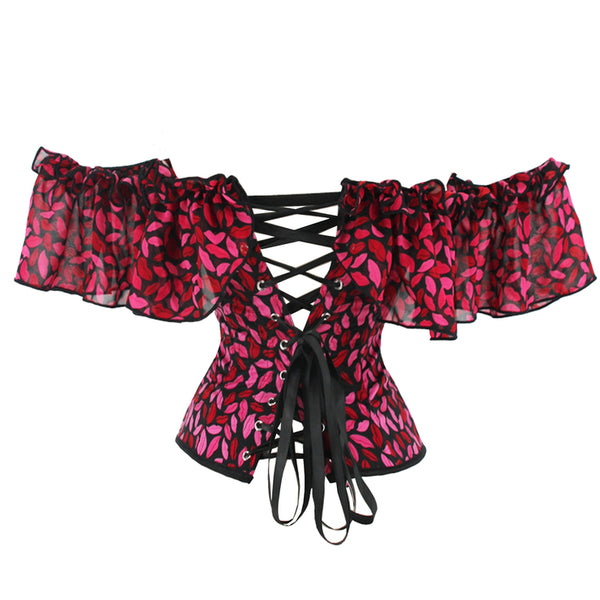 Red Lip Printed Overbust Corset, Bustier Lace up Corset
