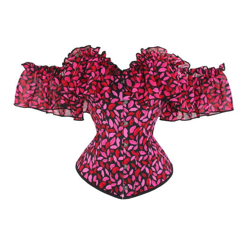 Red Lip Printed Overbust Corset, Bustier Lace up Corset